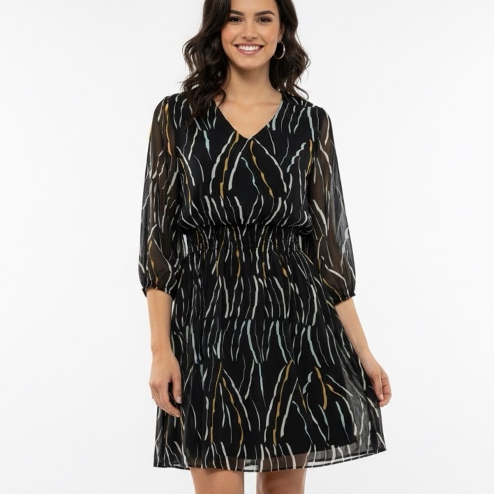 Donna Karan Black Abstract Print Smocked Mini Dress size 0
